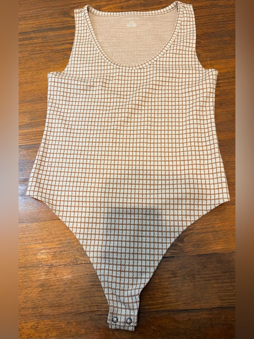American Eagle Outfitters Cream & Brown Check Ribbed Sleeveless Bodysuit